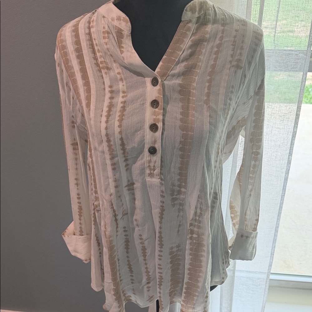 New Directions Cream Brown Striped Flowy Boho Neutral Cascading Detail Blouse M